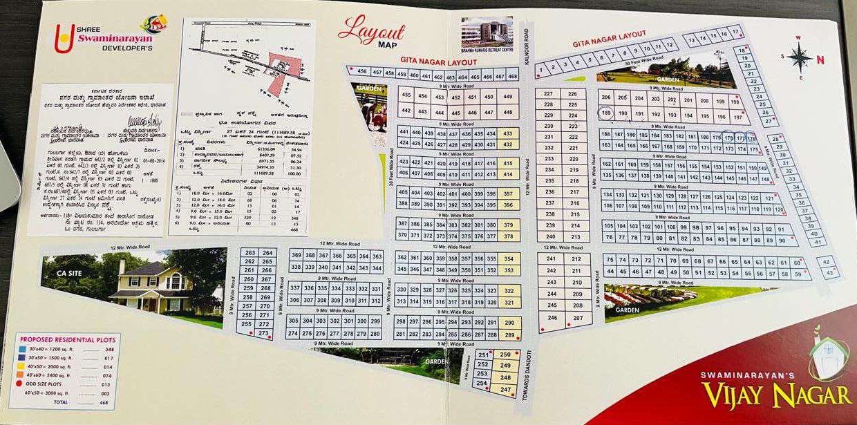 Vijay Nagar layout map showing all 468 numbered plots, roads, gardens and the CA site